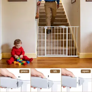 Double door baby safe gate for stairs & doorways,adjustable 75-115 cm(29.53''-45.3''),walk through safety gate with extension kits,auto close,pressure mounted,white metal child & pet gate , Adjustable Universal Safety Pet Gate