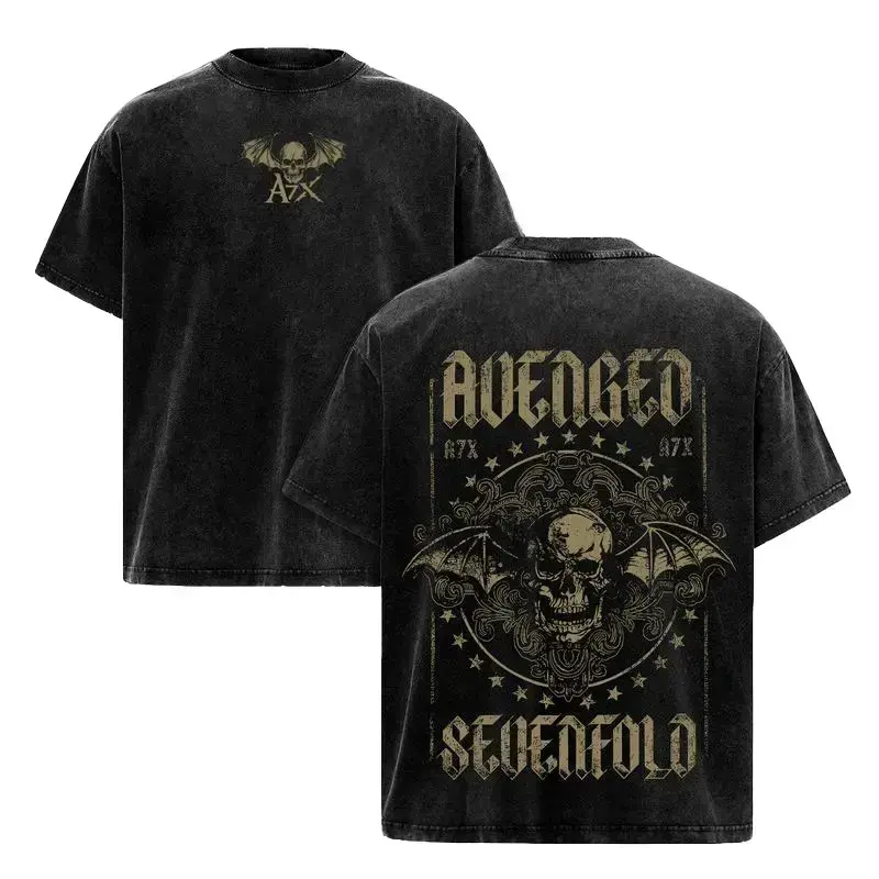 Vintage Acid Wash Heavy Cotton Oversized Unisex Metalcore Rock Band T-Shirt Retro Y2K Dark Metal Streetwear Top A7X World Tour Concert Merch Graphic Tee Double-Sided Print Casual Short Sleeve Music Fan Gift Men Women US Sizing Everyday Apparel
