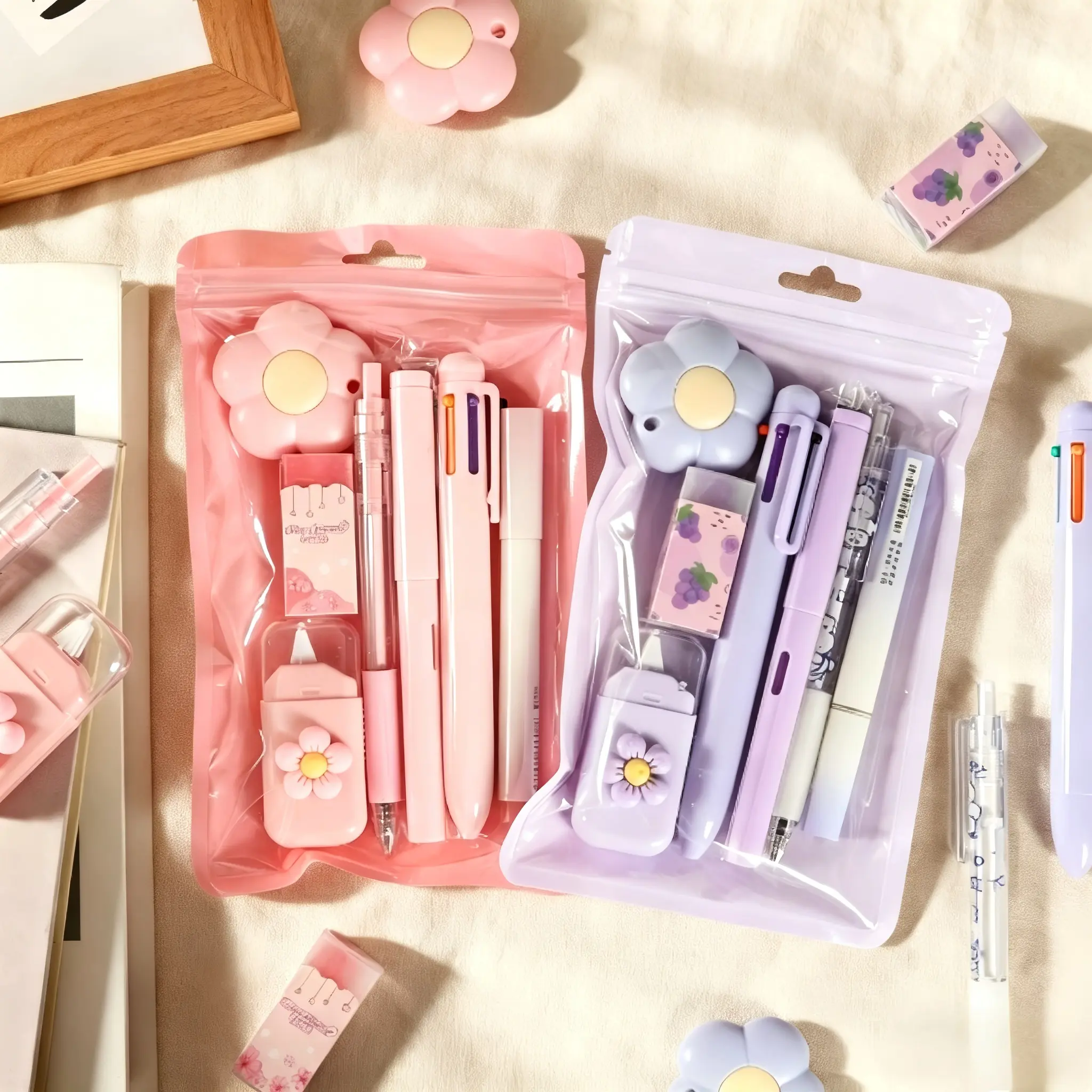 Two-piece set including purple and pink