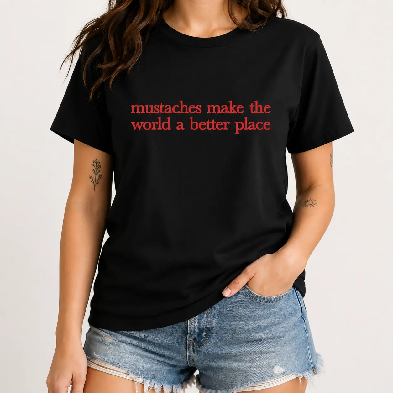 Mustaches Make The World A Better Place Graphic T-Shirt, Funny Mustache Quote Tee, Retro Facial Hair Humor Shirt, Unisex Casual Short Sleeve Top for Men and Women