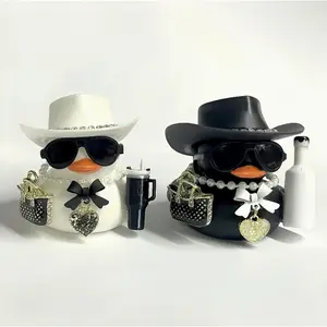 Fashion Duck Car Ornament Set, and Options, Wearing Denim Hat and Sunglasses, Fun and Unique Decor for Dashboard, Office Desk, Bookshelf, Car Desktop Decor