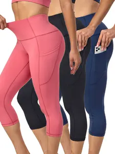 UIUO-UIPEU 3pcs Pack High Waist Tummy Control Yoga Pants Plus Size Capri Leggings for Women With Pockets Butt Lifting Workout Yoga Pants Black Blue Pink soft pant
