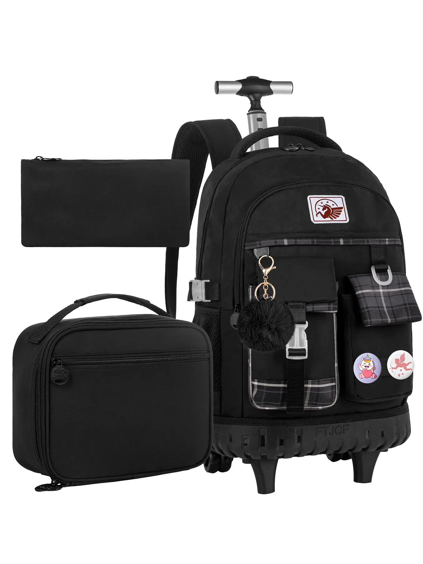 3PCS Rolling Backpack for Women, Girls Wheeled Bookbag with Lunch Box for Adults, Water Resistant Roller School Bag for College Teens Kids Travel - Black, Versatile Backpack