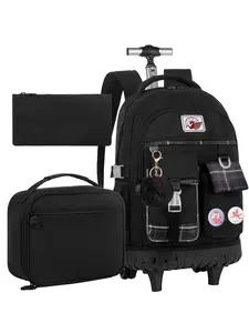 3PCS Rolling Backpack for Women, Girls Wheeled Bookbag with Lunch Box for Adults, Water Resistant Roller School Bag for College Teens Kids Travel - Black