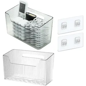 Set of 2 storage organizer bins wall mounted organizer basket shower caddy stackable clear plastic makeup organizer adhesive hanging bin for bathroom kitchen cabinet pantry bpa free large clear