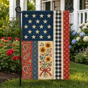 Patriotic Patchwork Garden Flag, Vintage Americana Flag, Fourth of July Decor, Rustic USA Yard Flag, Farmhouse Outdoor Decor (Pole, Hooks, Or Fasteners Are Not Included)