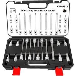16- 3/8" Drive, 8 Torx Bit  Socket Set, T10-T55, 8 Long Torx Bit  Socket Set, T10-T55, S2 Alloy Steel