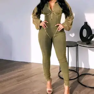 Women’s washed ribbed long-sleeve jumpsuit with breathable pants