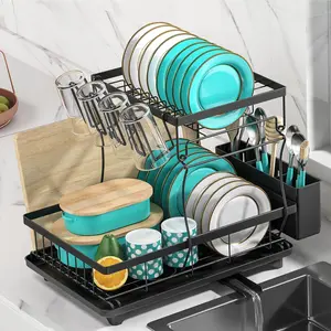 Dish Drying Rack Large Capacity 2 Tier Dish Drying Rack Multifunctional Rustproof Dish Racks for Counter with Large Utensil Holder, Cup Holder, Black
