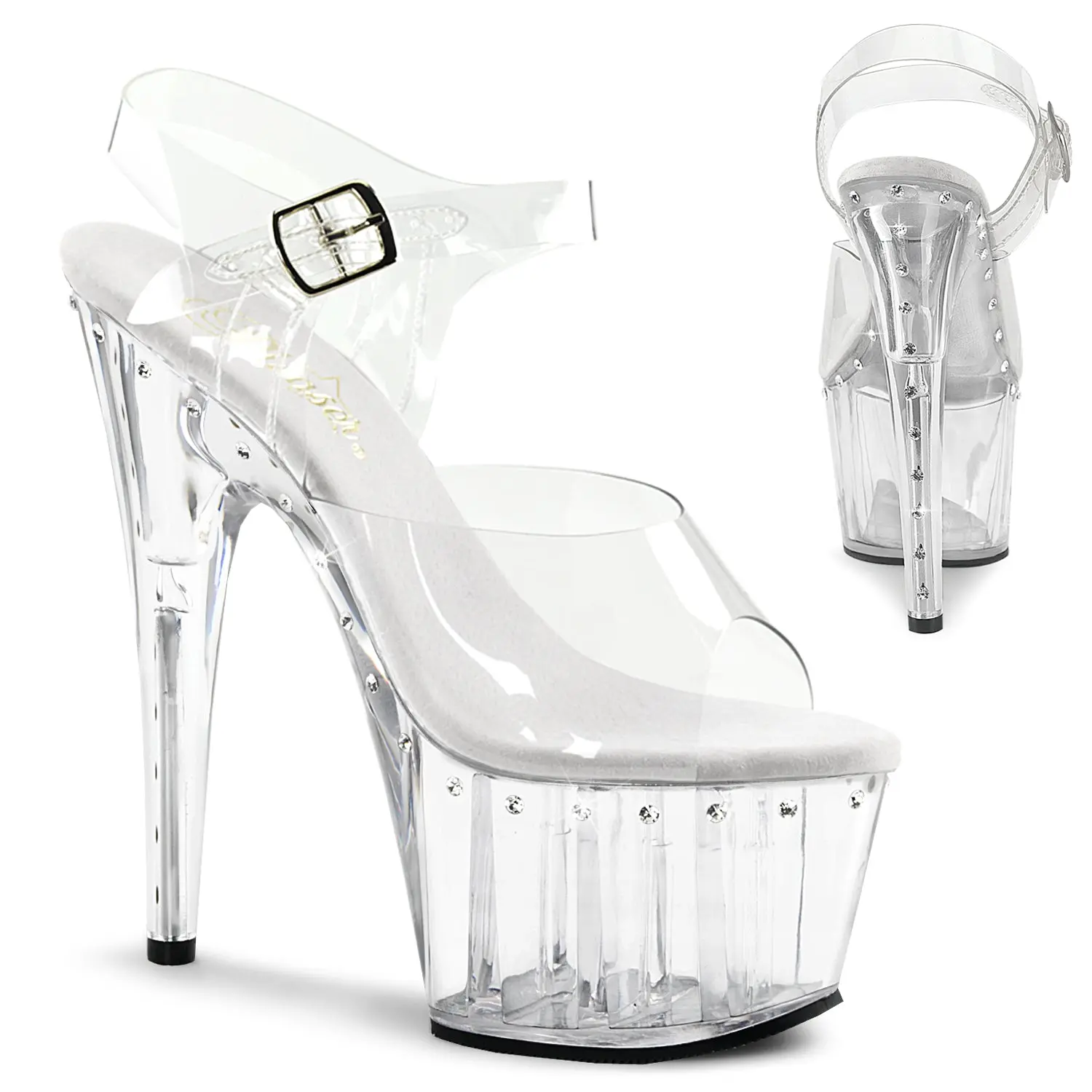 Pleaser Women's Elegant Fashion Adore-708LS Platform Sandals - High Heel (5-8 cm) Footwear with Transparent Ankle Strap, Single-Line Rhinestones, Synthetic Material for Those Who Love Glamour, 2.75-in Platform, 7-in Stiletto Heel