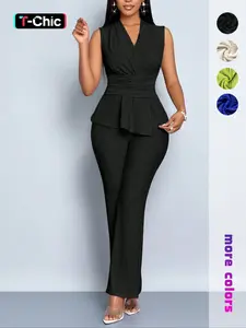 Women's Sleeveless High Waist Two Piece Set, Slim Fit Elegant Formal Knit Blazer Pants for Summer Office Wear, Chic Commuter Style