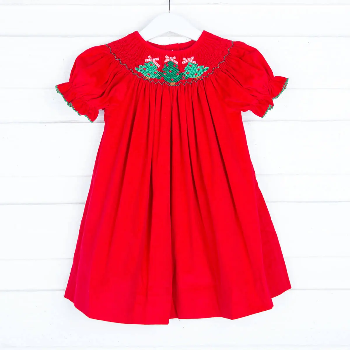 Christmas Tree Smocked Red Corduroy Dress - Girls Holiday Outfit