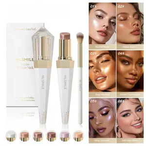 6-Colour Highlighter Stick Set (with brush), highlighter stick, illuminating stick, contouring and highlighting stick, solid highlighter, 2-in-1 contouring and highlighting, long-lasting wear, does not settle into fine lines or kick up powder