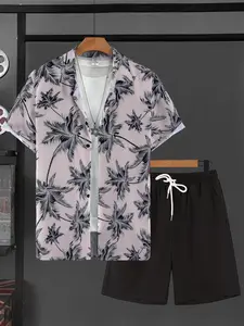 Men's Blush Pink Tropical Palm Tree Print Aesthetic Home Loungewear Set, Menswear - Short-Sleeve Lapel Shirt + Black Drawstring Shorts, Lightweight Breathable Fabric, Relaxed Casual Fit, Ideal for Lazy Weekend Lounging & Indoor Casual Unwi