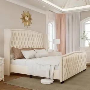 Velvet Upholstered Platform Bed Frame Wingback Headboard Handmade Button Tufted Nailhead Trim Wooden Slats Support Kids Metal Plush Rocking Horse Chair
