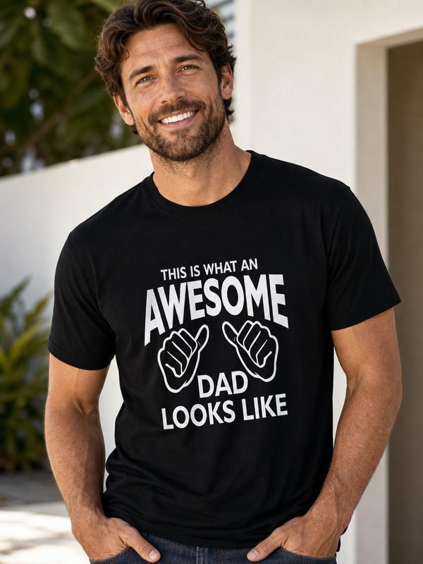 Men's Basic Soft Cotton Fitted Round Neck Short-Sleeve Tee - Cold Wash, Machine Washable, Minimalist Athletic Style, Graphic Humorous Rock Hand Sign Print, Casual Summer Streetwear, Dad Holiday Gift-Ready