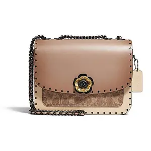 COACH Madison 23 Camellia Metal Buckle Flap Chain Crossbody Bag with Snake Print Details in Milk Tea Color for Women