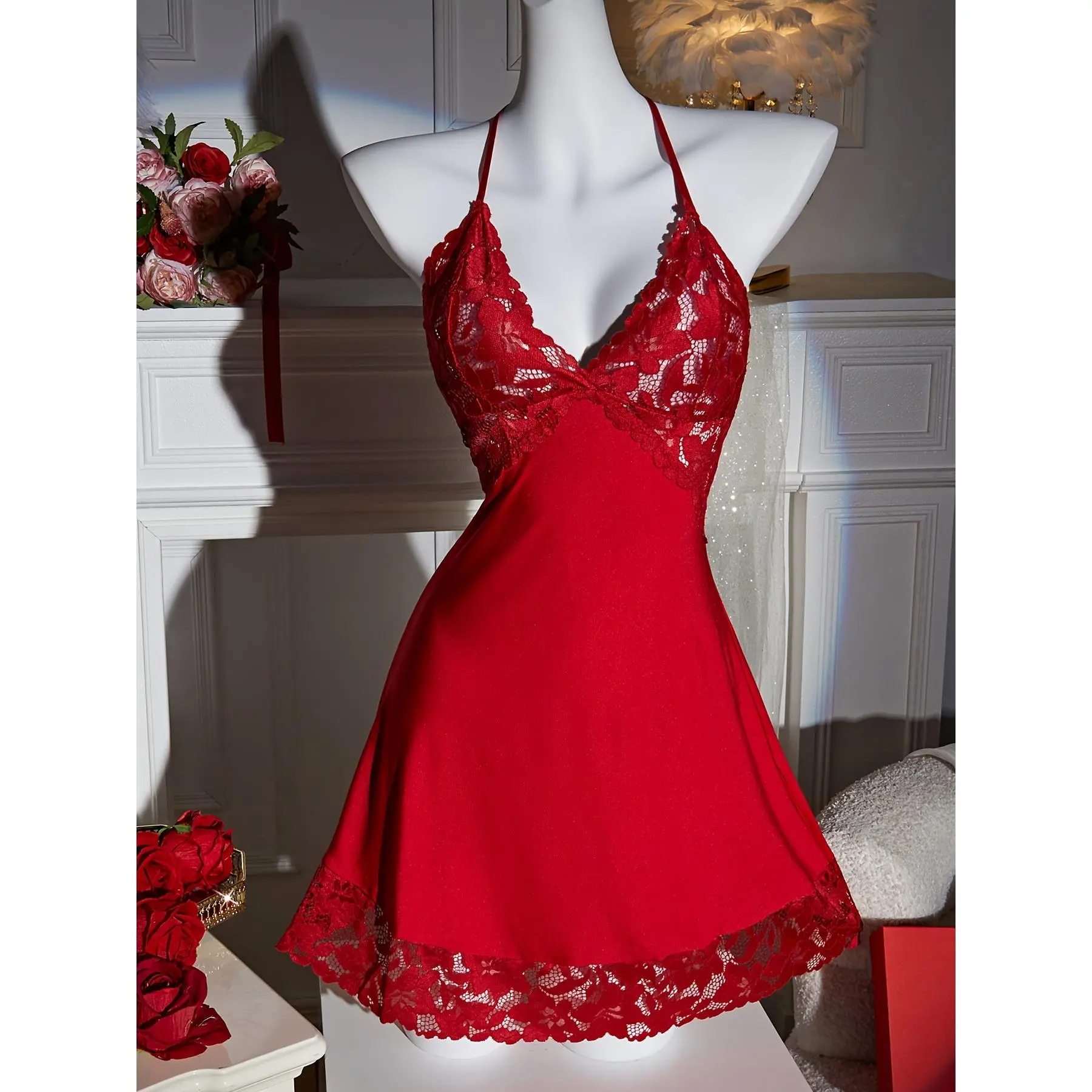Women's Red Sleeveless Halter Neck Fitted Satin Babydoll Lingerie - V-Neck Mini  Dress with Lace Trim & Matching Thong, Loungewear, Ideal Gift for  Valentine's Day & Anniversary - TikTok Shop