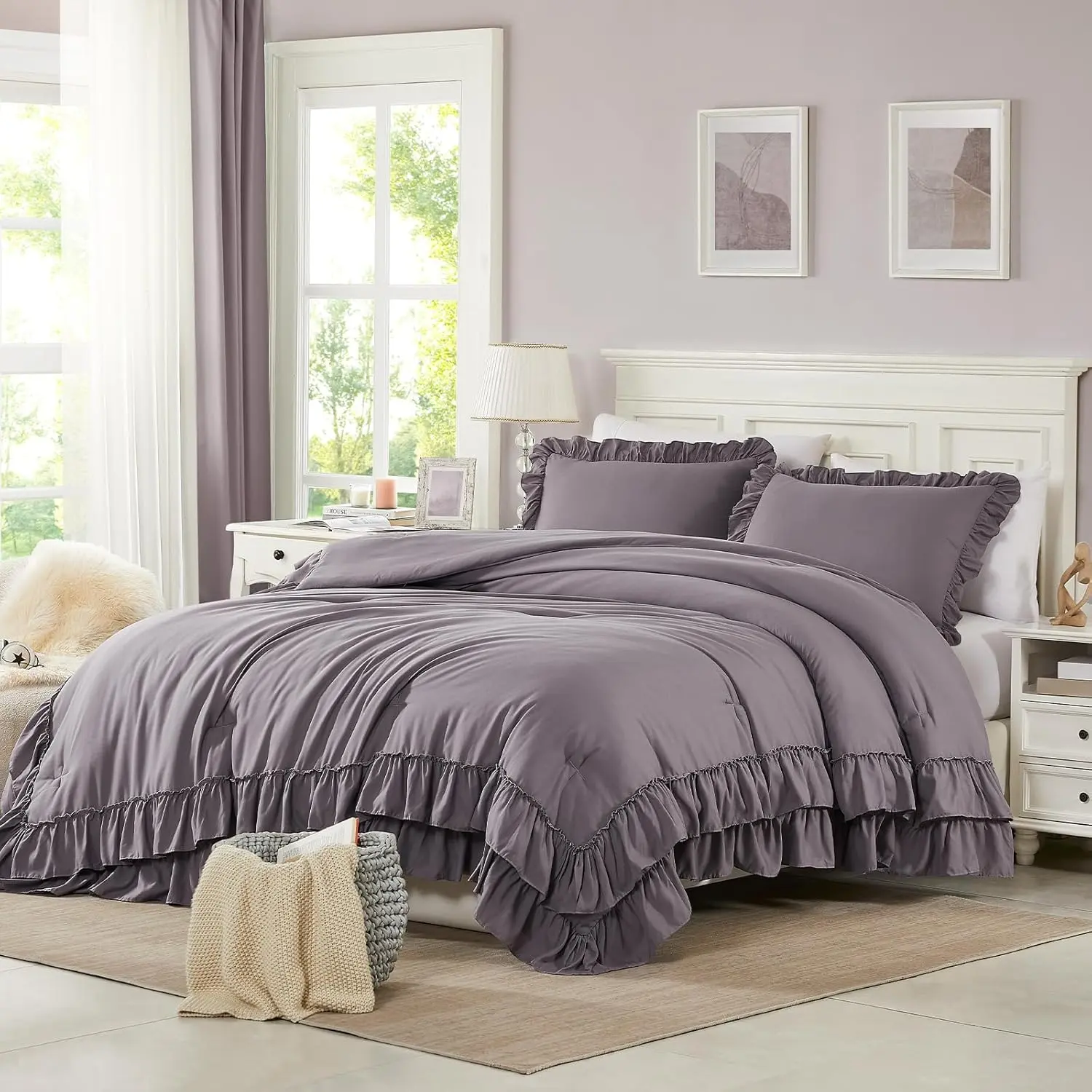 Purple Full Comforter Set, 3 count Ruffle Farmhouse Bedding Sets with Comforter & Pillowcases, Soft Shabby Chic Lightweight Fluffy Comforter Set for All Season Bedroom Decor (Purple, F)