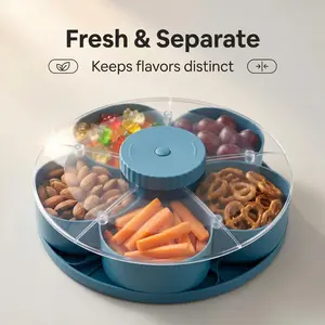 Rotating Divided Snack Tray with Lid, Portable Food Storage Serving Tray, Multi Compartment Organizer for Camping Picnic Travel, Easy Access Snack Container Outdoor Essential