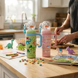 【COMOBEBE】24oz Stainless Steel Whale Fountain Tumbler with Handle – Two Lids, Spill-Proof, Dishwasher Safe, Cute & Perfect for Teens, and Adults Water Bottles Sturdy Drinkware Flasks