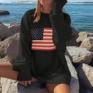 Women's Fashion Dress up: American Flag Color Contrast Design, Casual and Elegant Fashion Top, Autumn and Winter New Collection, Long Sleeve Round Neck Women's Hoodie Sweater Fit Womenswear Fabric Soft Graphic Knitwear