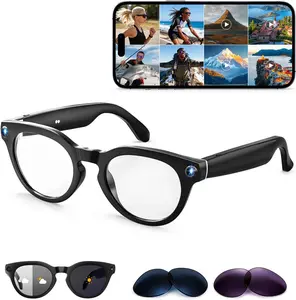 AI Smart Glasses with Camera, 2K Camera Glasses,12Mp Video Recording Glasses, Real Time Translation, AI Voice Assistant,Sunglasses with 3 Pack Lenses - Photochromic Lenses,Purple and Blue Lenses Emerhome