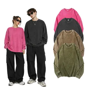 Panxu 1/3-Pack Unisex Long-Sleeve T-Shirts — Vintage Acid-Wash Distressed Style; Loose-Fit Pure Cotton Tees (Couple's Style); Ideal for Casual Wear & Layering; An Everyday Long-Sleeve Essential. Shawl tiktokshopspringglowup