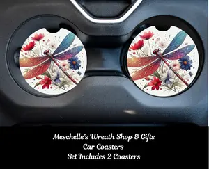 2-Pieces Dragonfly Car Coasters, Neoprene/Ceramic Material, Sublimated Print, Car Cup Holder Spill Guard & Protector, Stylish Functional Automotive Interior Accessory