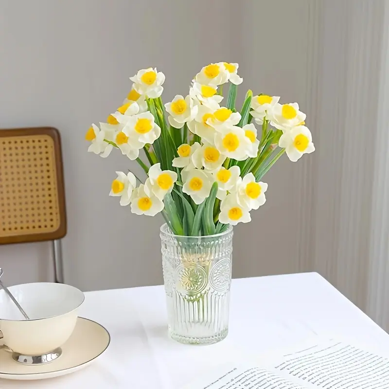 3 Stems Artificial Daffodil Bouquet with 18 Flower Heads - Realistic Soft Rubber Fake Flowers for Spring Home Decor, Table Centerpieces, Easter & Wedding Decoration