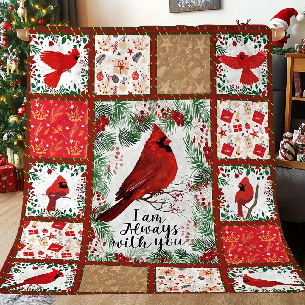 Retro Red Cardinal Animal Print Crochet Blanket - Soft, Warm, Breathable, Durable, Stain-Resistant, Machine-Washable Commemorative Throw for Friends, Ideal Holiday Gift, Suitable for Napping, Home Use
