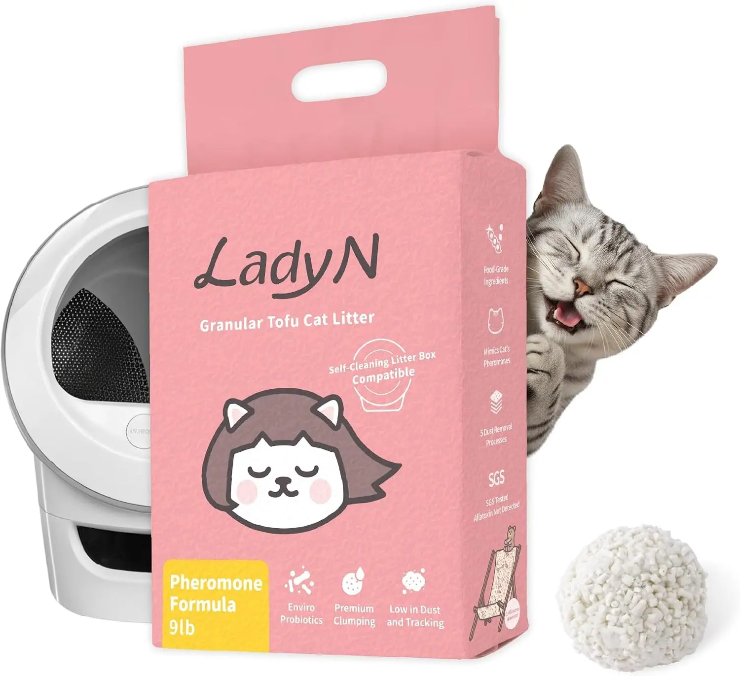 Lady N Cat Attract Tofu Cat Litter, Calming, Compatible with Auto-Box 9lb | Natural Pheromone Attractant Formula, Litter Box Training Aid, Ideal for Multi-Cat Homes, Mini-Pellet Shape Gift