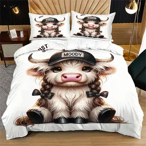 Cute Highland Cow Pattern Bedding Set for Kids Bedroom Decor Gift, Includes 1 Fitted Sheet & Pillowcases, No Comforter Included, Bedsheet Sets