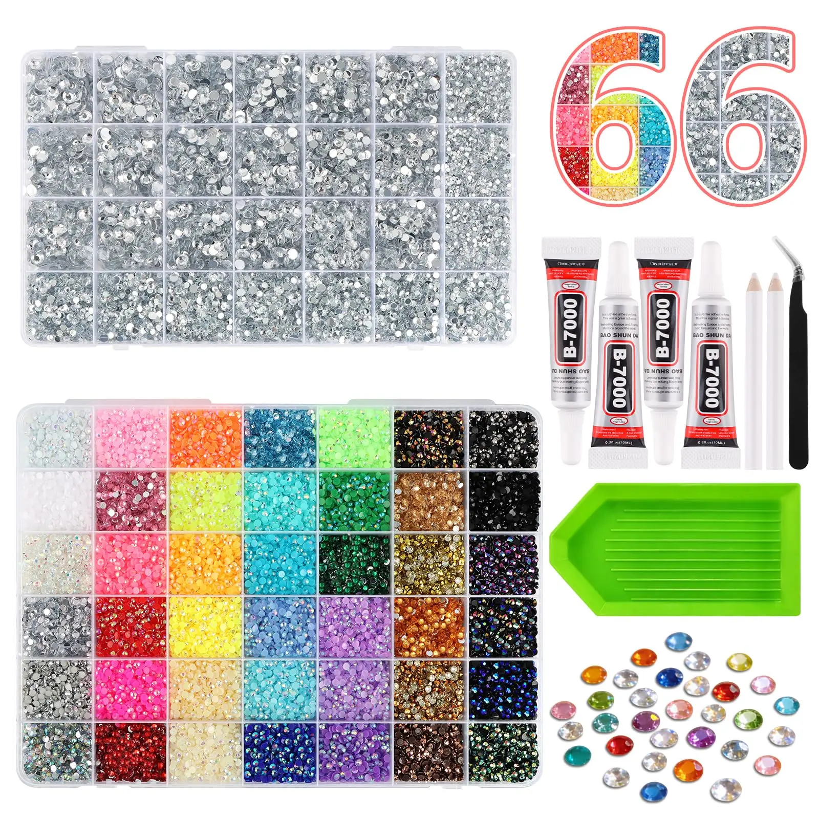 Kalolary 66000Pcs Jelly Rhinestones for Bedazzling,2 Boxes Multicolor 3mm & Silver Clear 2/3/4/5/6mm Resin Flatback Gems Bedazzler Kit with B7000 Tweezers& Pick Up Pen for DIY Crafting Crafts Nail Art