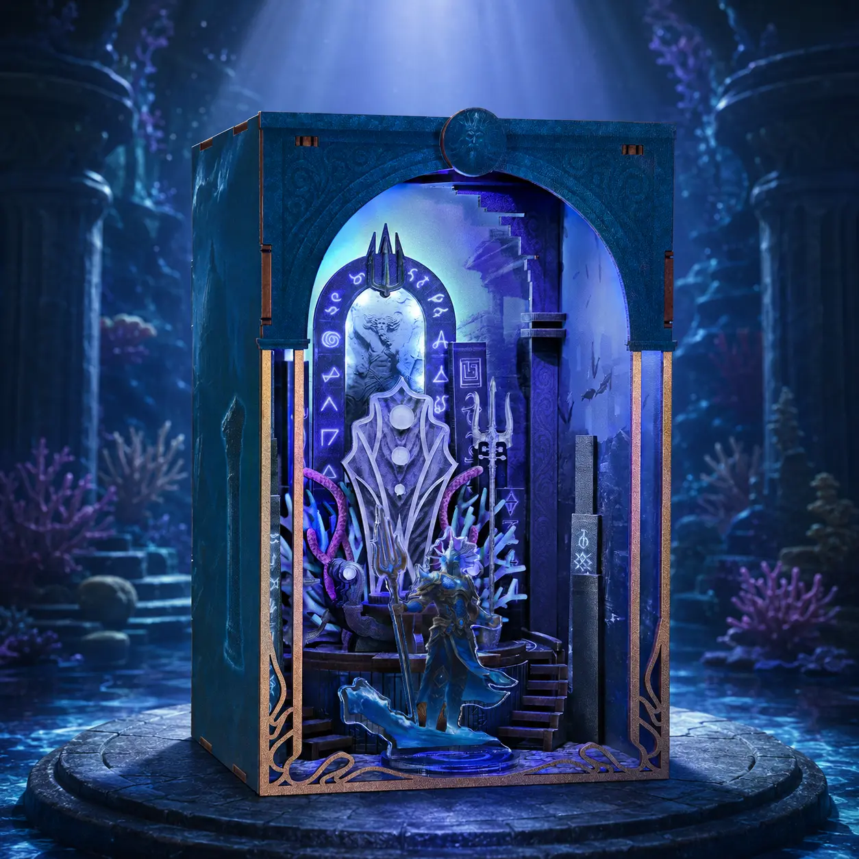 MiniCity Throne of Aqua DIY Book Nook Kit, Fantasy Ocean Throne Bookshelf Insert with LED Light, Atlantis Underwater Temple 3D Wooden Puzzle, Sea God Miniature Display Decor Gift for Adults and Teens