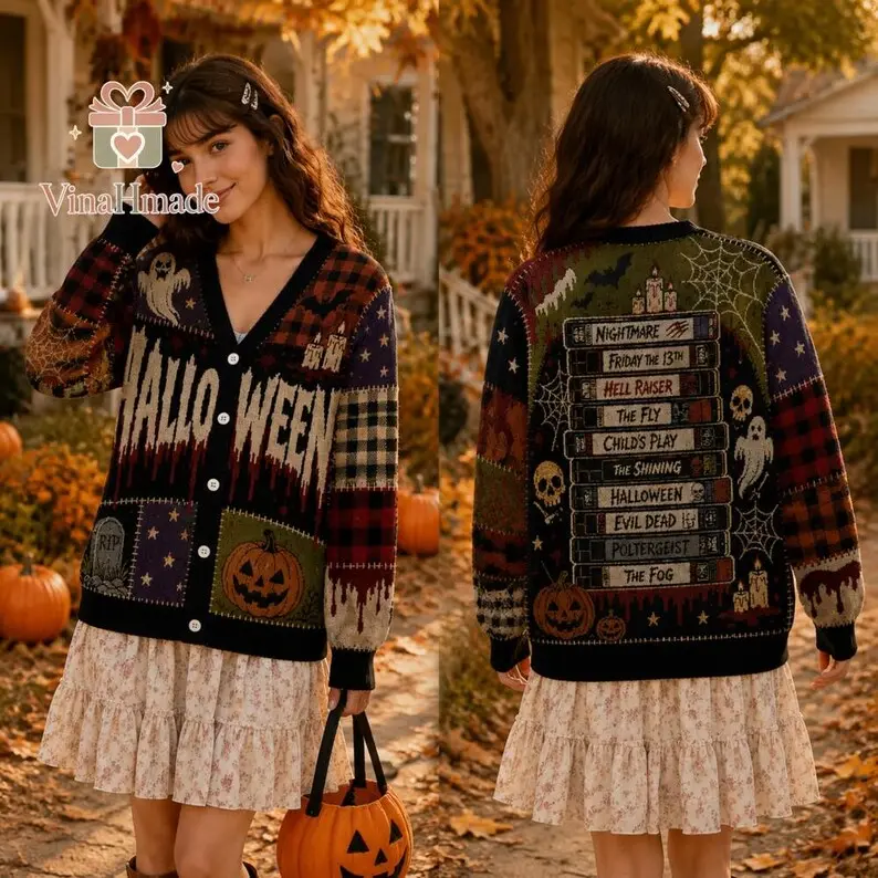 Halloween Horror Movies Cardigan, Vintage VHS Tape Stack Sweater, Creepy Movie Night Cardigan, Retro Scary Movie Fall Outfit