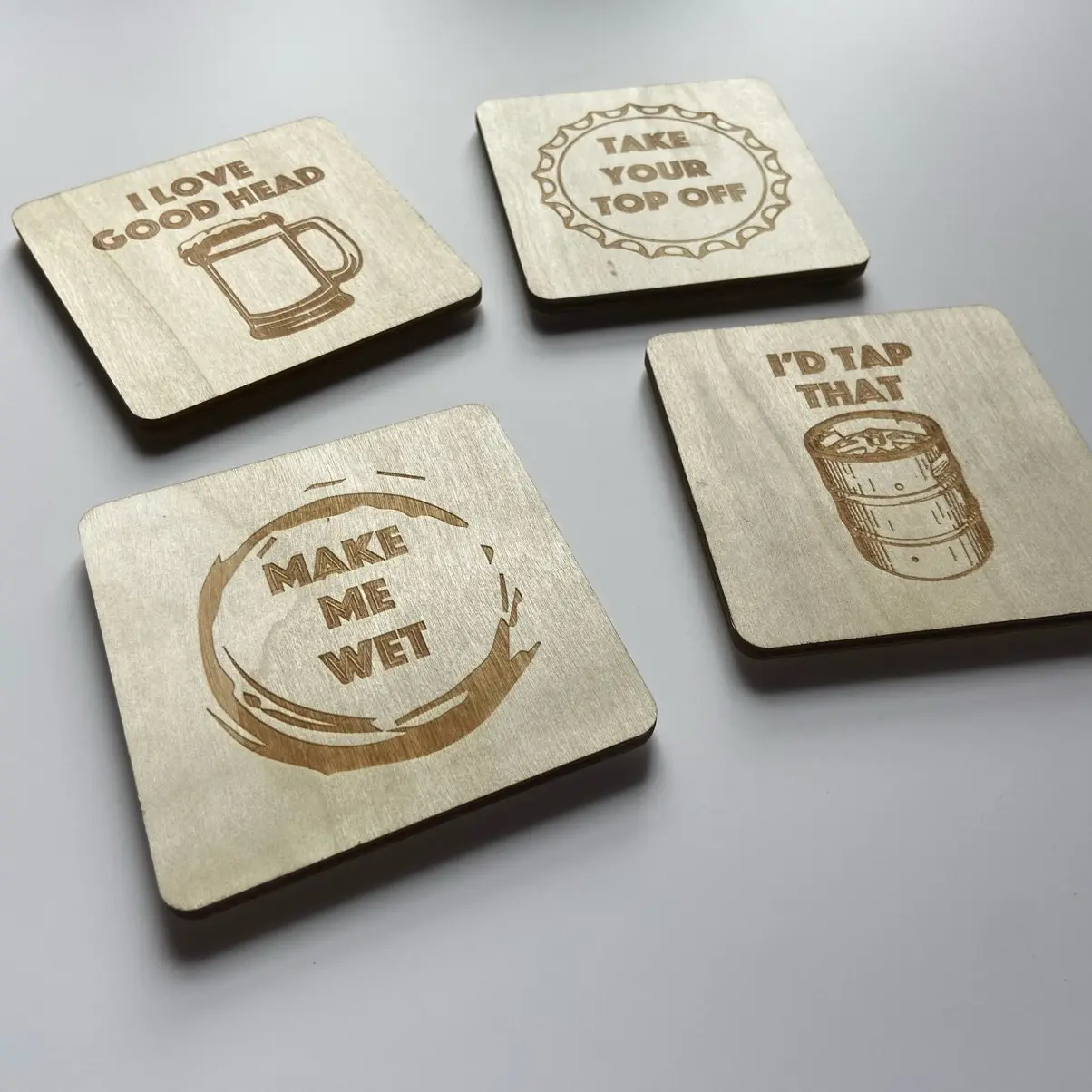 Funny Beer Themed Wooden Coasters with Holder