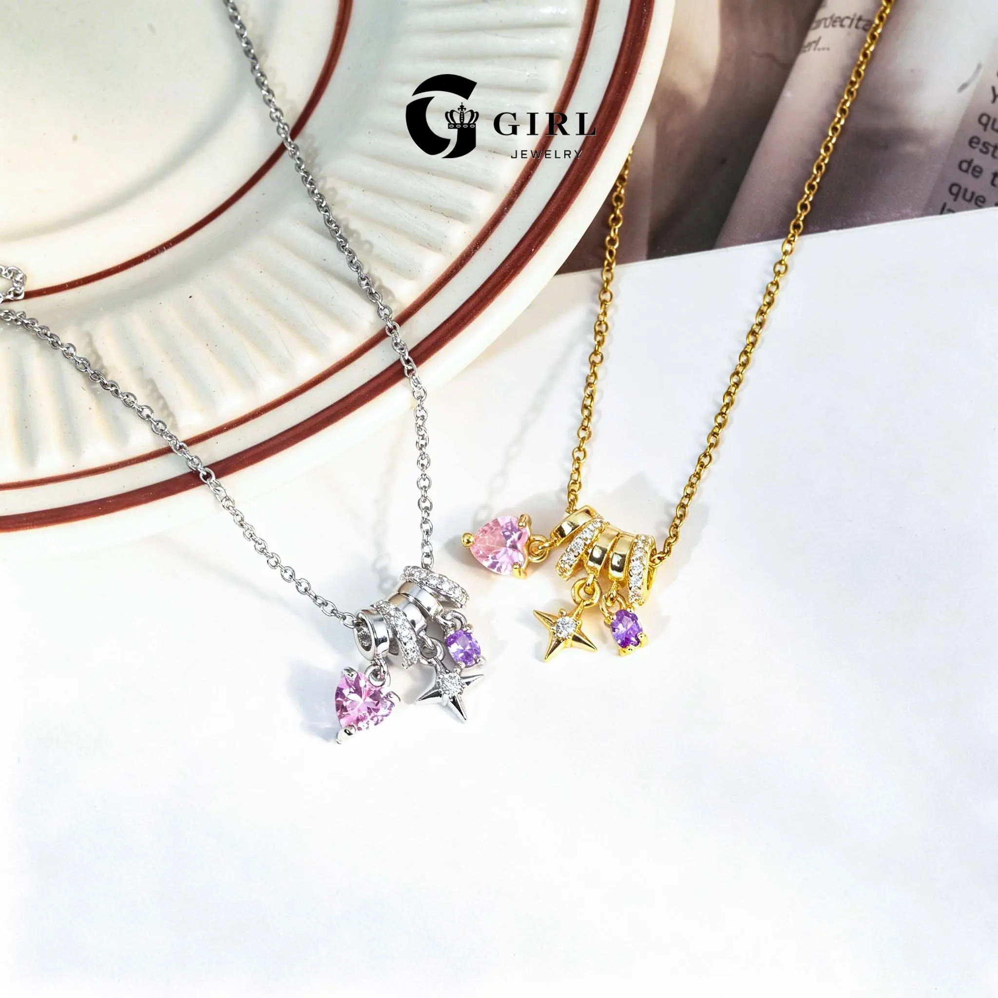 GGIRL 14K Gold Plated Dopamine Heart Necklace with Starburst Pink Diamond Heart Pendant and Exquisite Sparkling Zircon Jewelry, Fashion Jewelry Gifts for Holiday Birthdays Anniversaries