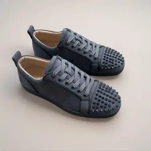 2026 Velvet Material Head Nail Red Bottoms Rivet Low Cut Casual Sports Shoes Dark Gray Punk Style Comfortable Breathable Footwear - Closed