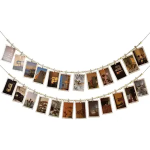 Hanging Photo Display With 12 Clips, Wooden Bead Garland 2PCS, Boho Style Collage Photo Frame Decoration for Dorms, Classrooms, Bedrooms