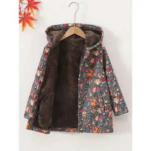 Girls' Cozy Fleece-Lined Hooded Jacket - Warm Winter Outerwear with Floral Print, Long Sleeves, and Pockets, Brown & Gray, Perfect for Fall/Winter Casual Wear, Winter Coat for Girls, Autumn Outerwear, Plush Lined Hood, Soft Texture