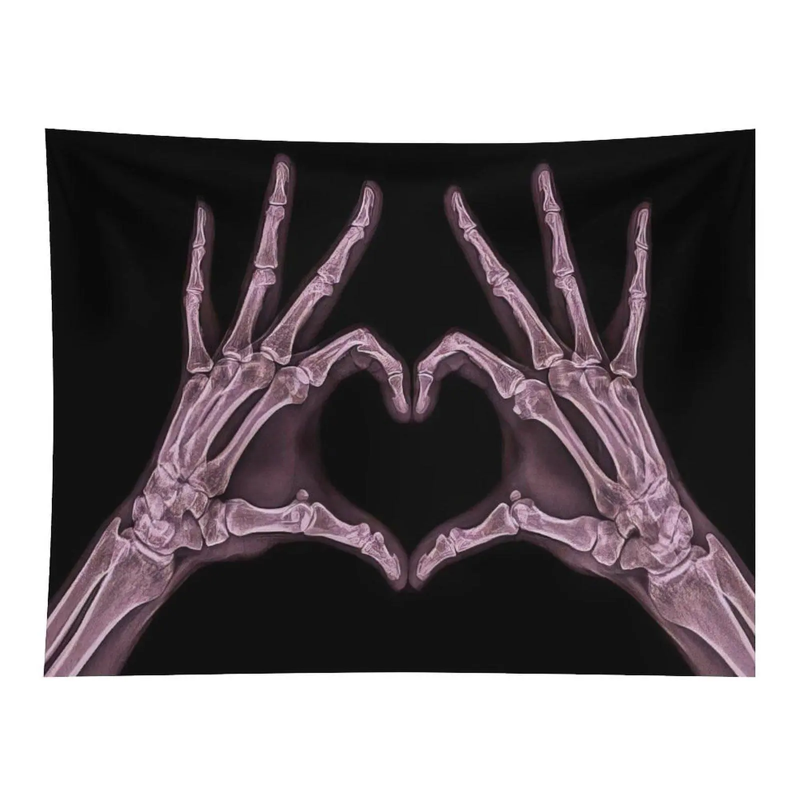 Skeleton Hands Forming Heart Shape Wall Tapestry Creepy Romantic X‑Ray Style Dark Background Gothic Art Wall Hanging Decor
