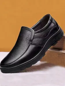 Men's Genuine Leather Business Casual Slip-On Shoes, All Seasons PU Lining, Comfortable Durable Non-Slip Formal Round Toe Sneakers, Footwear