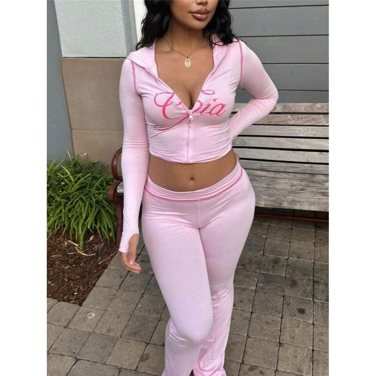 Gia Logo Y2K Two Piece Set Women – Zip Up Crop Top & High Waist Flare Pants, Slim Fit Streetwear Tracksuit, Perfect for Spring Break, Hot Girl Summer, Pool Parties & 2026 Spring Summer Outings, Medium Stretch Knit Fabric
