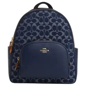Coach Court 28 Logo Zip-Top Fabric and Leather Backpack for Women, Denim Blue and Natural