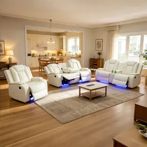 The luxury intelligent leather sofa set includes single/double/triple seat, three piece luxury sofa set with LED ambient light, storage armrest and cup holder, suitable for living room/office/lounge