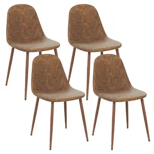 COSTWAY - Dining Chair Set of 4 Faux PU Leather Upholstered Kitchen Chairs with Metal Legs-Brown