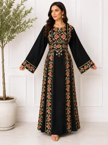 Thobe Women's Elegant Modest Dress with Colorful Floral Embroidery and Belt, Long Sleeve Islamic Clothing for Arab Women