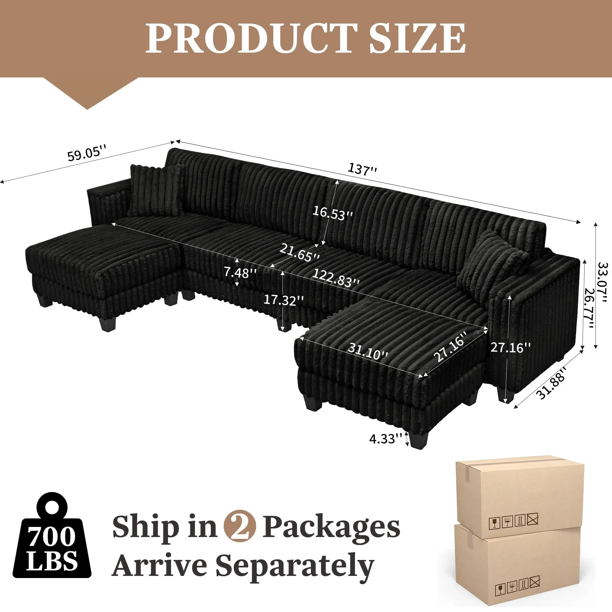 Black Plush Corduroy U Shape Sofa