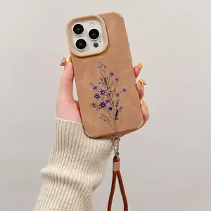 Lanyard Luxury Matte Lambskin Faux Leather Phone Case for iPhone 15 Plus 16 Pro Max 14 13 12 11 XS XR Purple Wildflowers Pattern Anti-Scratch Shockproof Soft Silicone Protective Cover